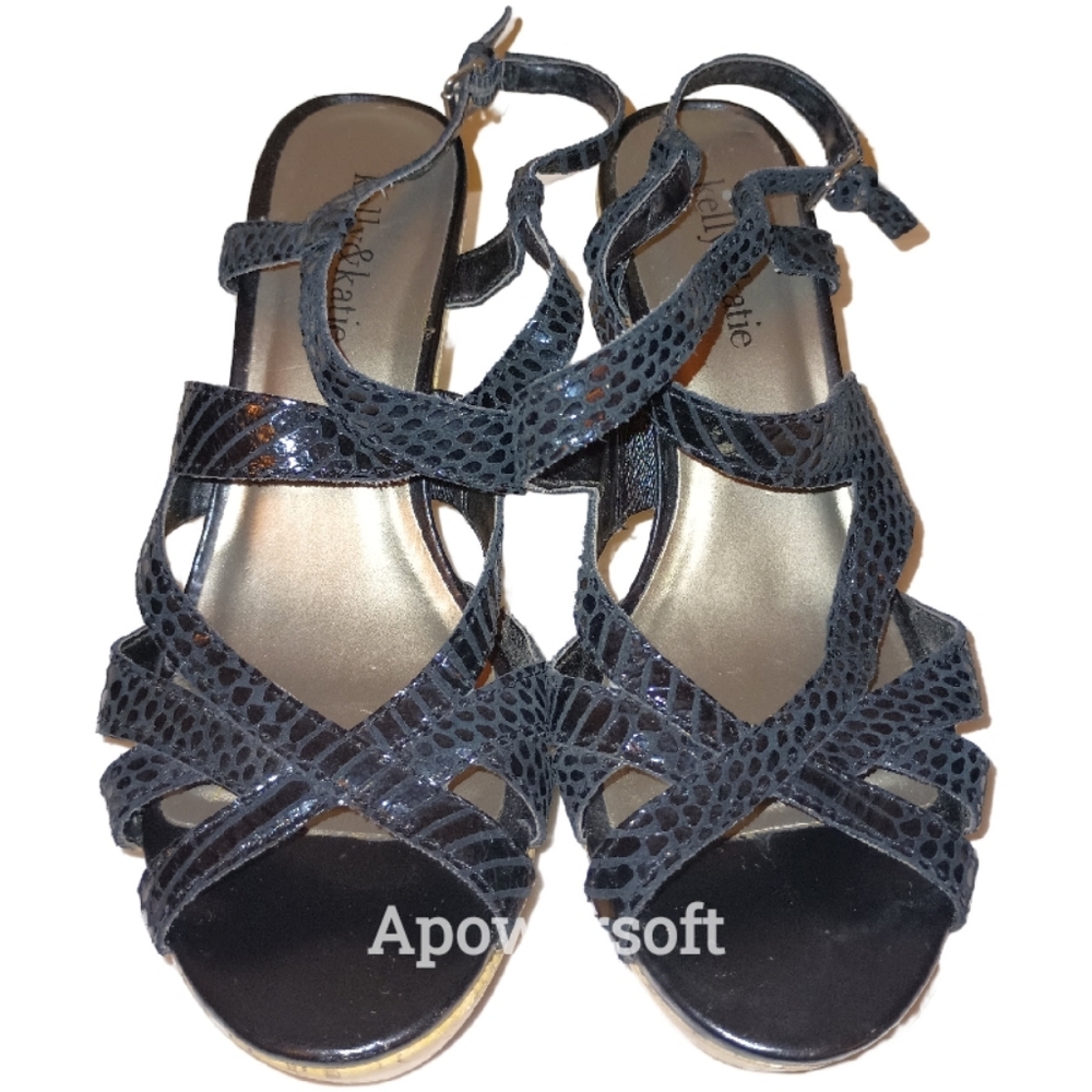 Kelly & Katie Black Snake Skin Strappy Cork Wedge Heels with Open Toe Size 6.5